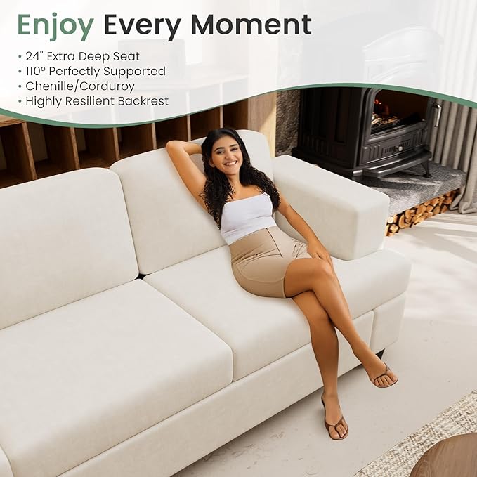 Sofa, 63” Comfy Loveseat Sofa Couch with Deep Seats, Couch for Living Room, Modern Sleeper Sofa, Beige Chenille