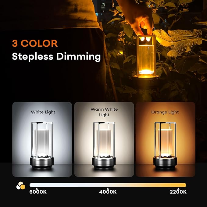 Portable Metal Table Lamp for Indoor/Outdoor ,Rechargeable Cordless LED Lamp, 3-Colour Infinitely Dimming Battery Powered Small Desk Lamp, Restaurant/Bedroom/Bar/Coffee/Camping Light (Grey Set of 2)