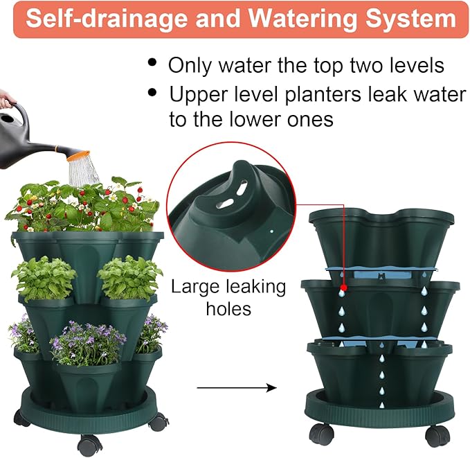 Vertical Planter 3 Tier Stackable Planters Garden Planters Strawberry Herb Flower and Vegetable Planter Indoor Outdoor Gardening Pots with Removable Wheels and Tools 2-Pack