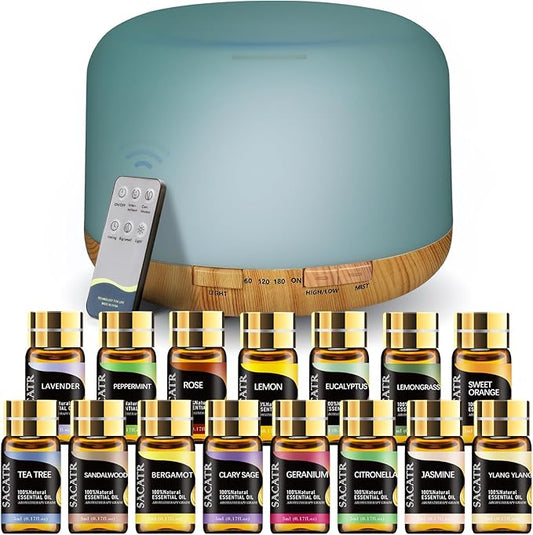 SACATR Essential Oil Diffusers for Home with 15 Oil Diffuser Sets, 500ml Aroma Diffuser for Essential Oils Large Room, Ultrasonic Cool Mist Diffuser Auto Shut-Off 4 Timers 15 Colors (15x5mL)