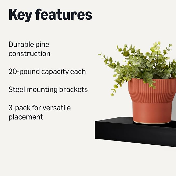 Amazon Basics Wood Floating Wall Shelves, Pack of 3, Black, 15.8" x 5" x 1.8"