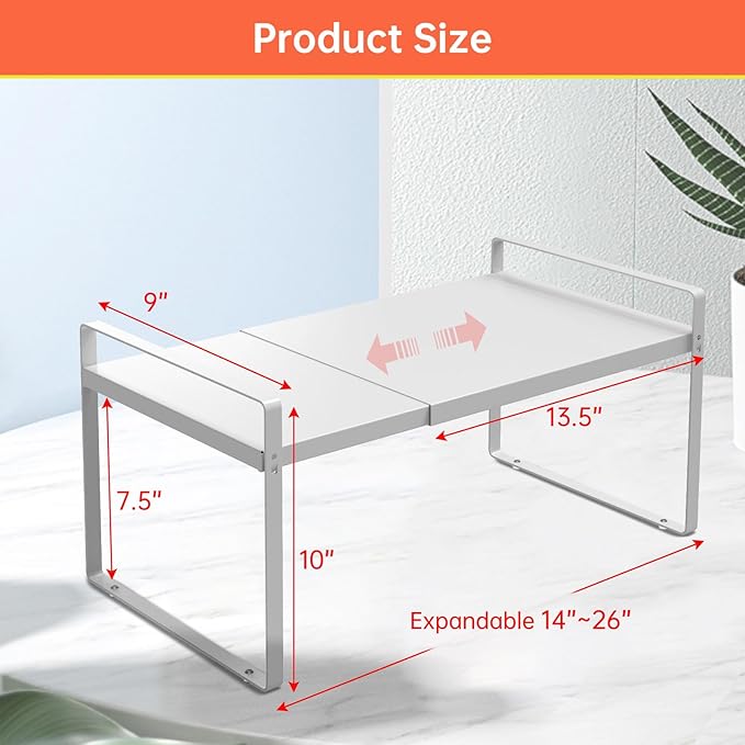 Adjustable Kitchen Shelf Organizer 9", (2 Pack) Heavy-Duty Cabinet Shelves for Countertop, Pantry & Microwave, Expandable Space-Saving Storage Rack with Non-Slip Pads, White