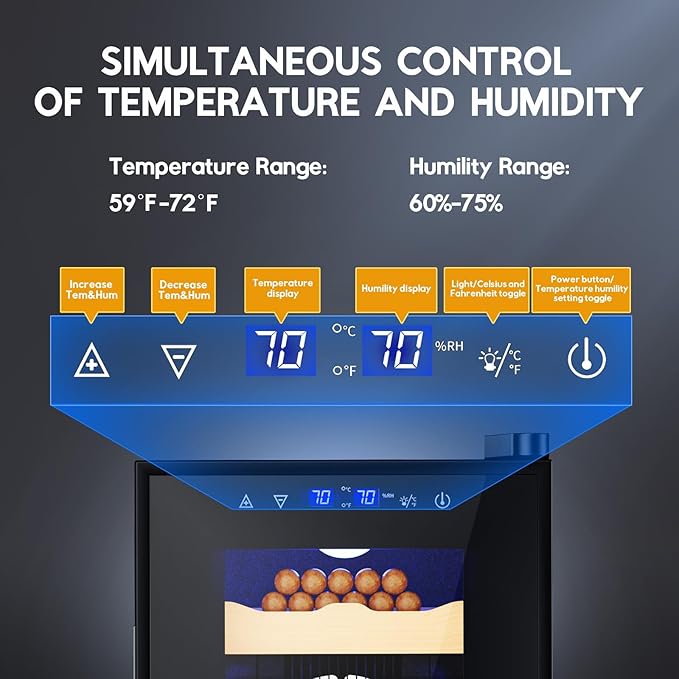 Tylza Cigar Humidor Cabinet 25L, Temp & Humidity Control Electric Humidors for Cigars, 170 Cigars, Digital Hygrometer, Safety Lock, Cigar Humidors with Cedar Wood Drawer Shelves, Cigar Gifts for Men