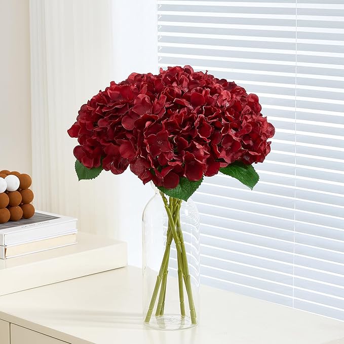 8Pcs Burgundy Fake Flowers Silk Hydrangea Artificial Flowers Bouquets Faux Hydrangea Stems for Home Table Centerpieces Wedding Party Decoration