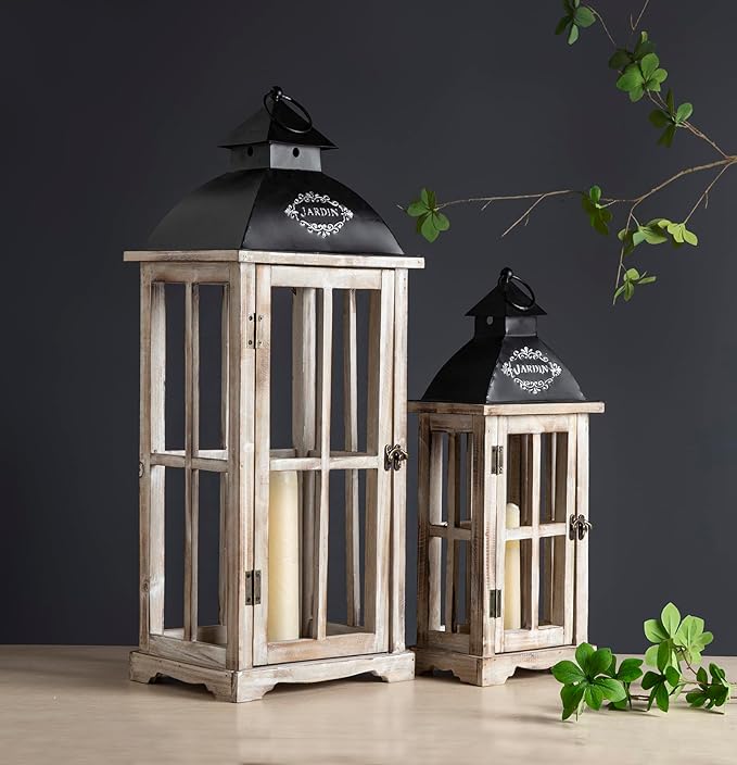 Set of 2 Large Decorative Wooden Metal Lanterns, Farmhouse Rustic Floor Candle Lanterns, Indoor/Outdoor Hanging Lanterns for Home Decor (No Glass)