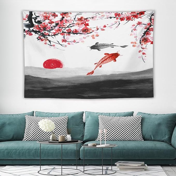 Houselerax Japanese Koi Fish Tapestries, Cherry Blossoms Asian Oriental Flower Branch Koi Fish Carp Tapestry Wall Hanging for Bedroom Living Room Office Decor 90"x60"