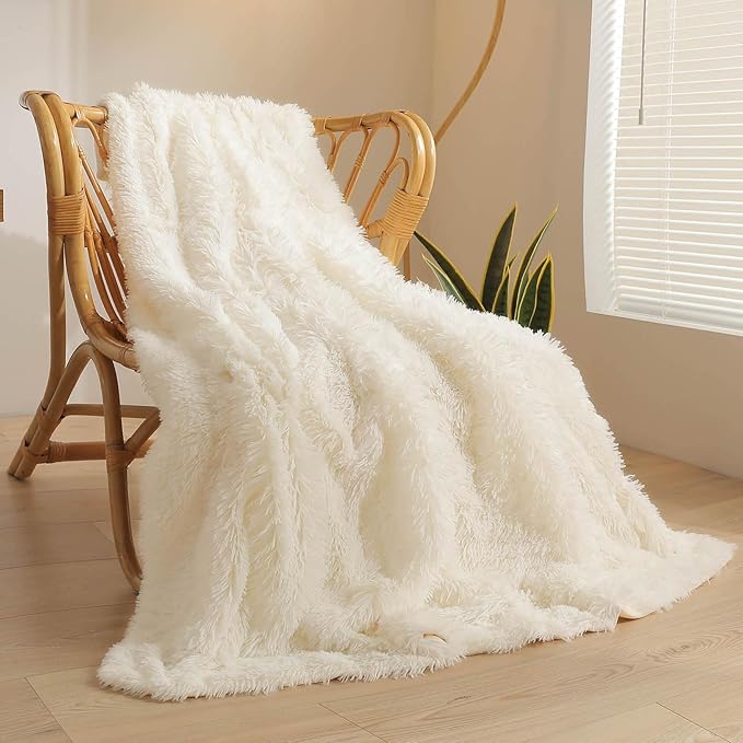 XeGe Luxury Faux Fur Throw, Ivory Soft 50x60 Fluffy Blanket, Ivory Shaggy Plush Decorative Couch Throw, Cute Furry Fuzzy Office Lap Blanket for Bedroom Living Room Beige