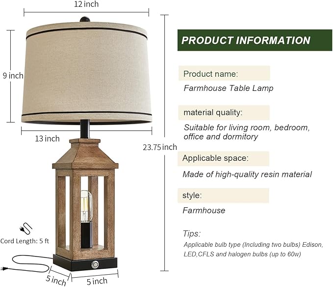 23.75" Farmhouse Table Lamps USB A+C Charging Ports 3-Way Dimmable Touch Control Lamp Nightlight Vintage Modern Lamp for Living Room Bedroom with 2 Light Sources