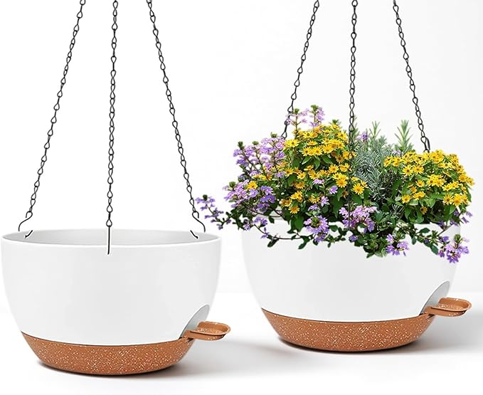 2 Pack 12 Inch Large Hanging Planters with Chains Self Watering White Brown Plastic Hanging Pots for Indoor Outdoor Plants, Garden Porch Home Decor，White Brown