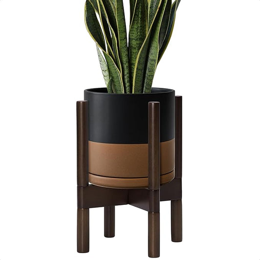 D'vine Dev Ceramic Planter with Walnut Color Stand - 8 Inch Modern Round Flower Pot with Wood Planter Holder, Black/Speckled Tan, 55-B-Y-7