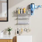 VITVITI Metal Hair Tool Organizer Wall Mount, Hair Dryer Holder with 3 Tier Shelf Basket Hooks, Bathroom Hair Styling Tool Organizer for Curling Iron/Blow Dryer/Straightener, White