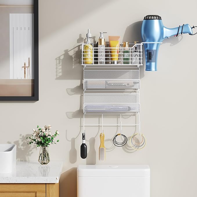 VITVITI Metal Hair Tool Organizer Wall Mount, Hair Dryer Holder with 3 Tier Shelf Basket Hooks, Bathroom Hair Styling Tool Organizer for Curling Iron/Blow Dryer/Straightener, White