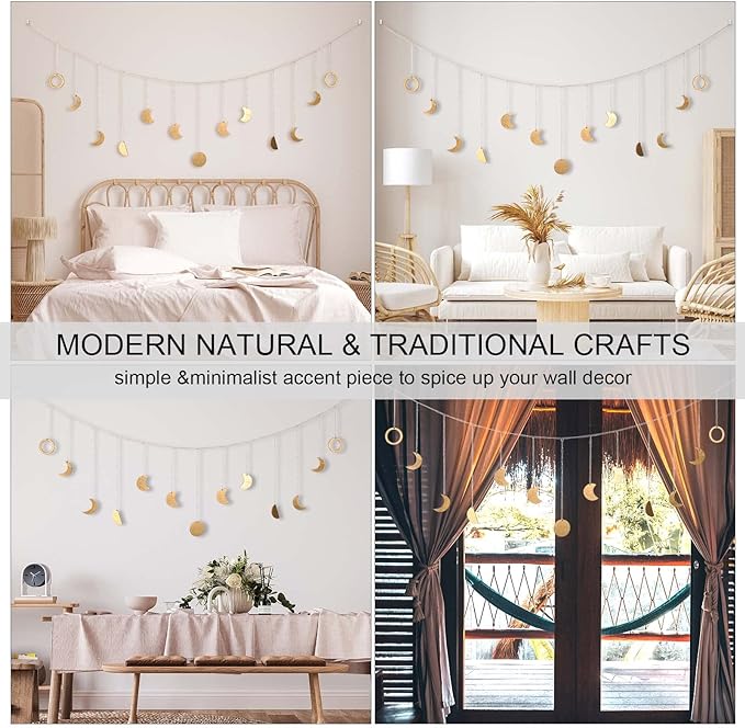 Moon Phase Wall Decor with LED String Light, 13 Gold Wood Boho Wall Hanging Decor Mood Garland 56'' - Celestial Phases Moon Decor in Bohemian Style for Bedroom Home Living Room