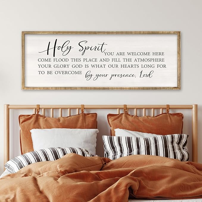 Holy Spirit You are Welcome Here Wall Decor Art 32x12 Inch Large Christian Song Bible Verse Plaque Wood Framed Sign Living Room Scripture Quote Religious For Office Wall Hanging (Wood)
