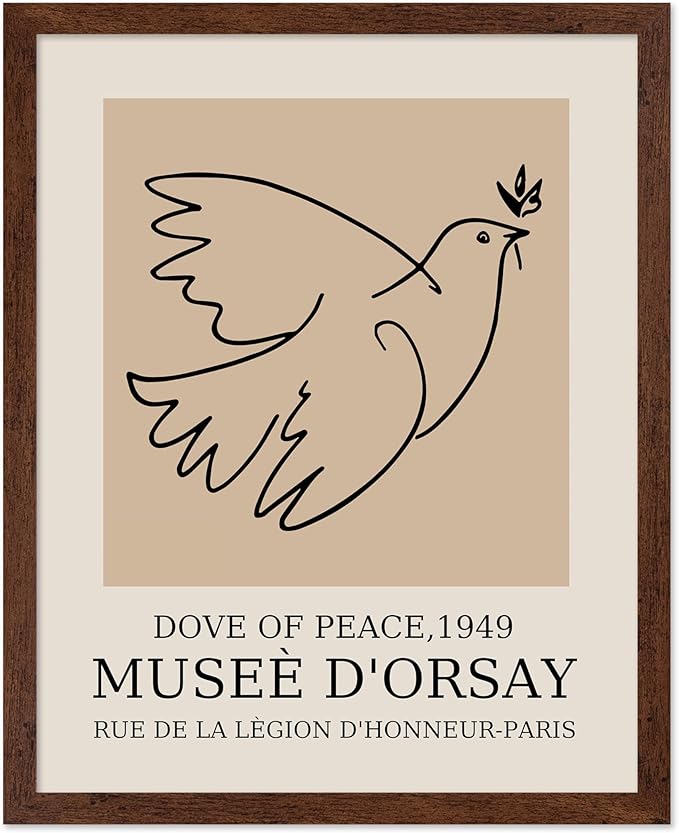 Poster Master Vintage Poster - Retro Minimalist Print - Gift for Artist, Friend - Dove Of Peace, Line Drawing, Sketch, Abstract - Wall Decor for Living Room, Bedroom, 16x20 Brown Framed