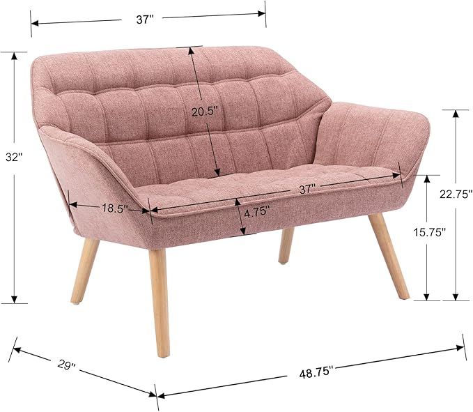 48" Small Loveseat Sofa, Modern Linen Fabric Mini Sofa Couch 2-Seater Love Seat with Quilting Backs and Wood Legs for Living Room, Bedroom and Small Space, Pink