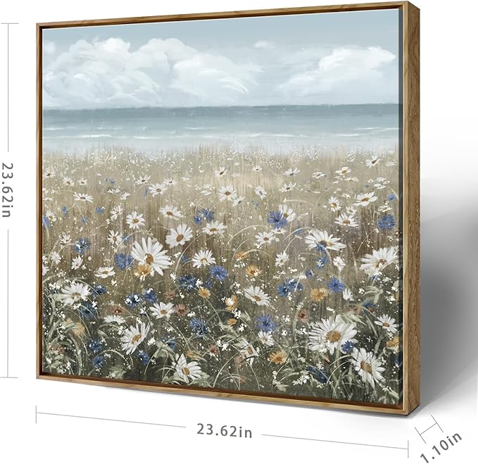 Framed Wall Art for Bedroom Decor Farmhouse Boho Beach Coastal Vintage Floral Ocean Wall Picture Daisy Flowers Sea Canvas Print Nautical Neutral Seascape Artwork for Home Living Room Bedroom Office