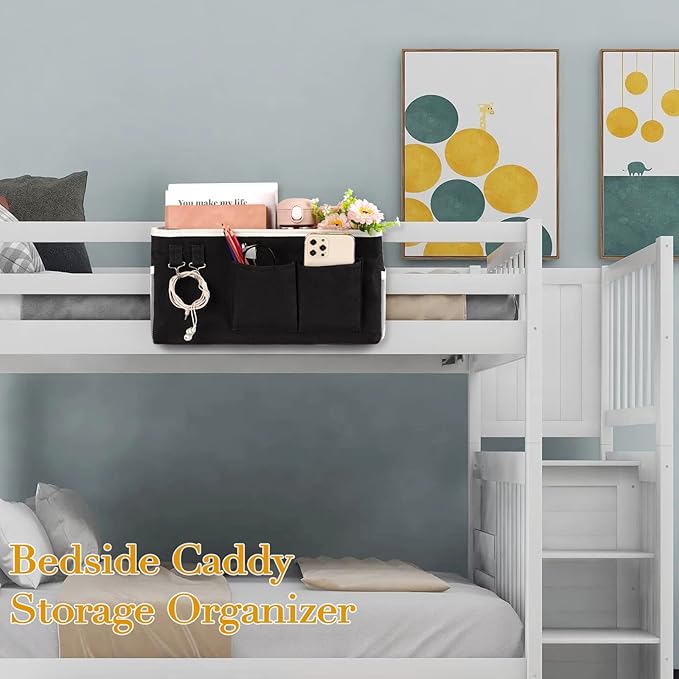 Bedside Storage Caddy/Bedside Hanging Storage Bag for Headboards Bunk Beds Dorm Rooms Book Phone Magazine Holder (Black)