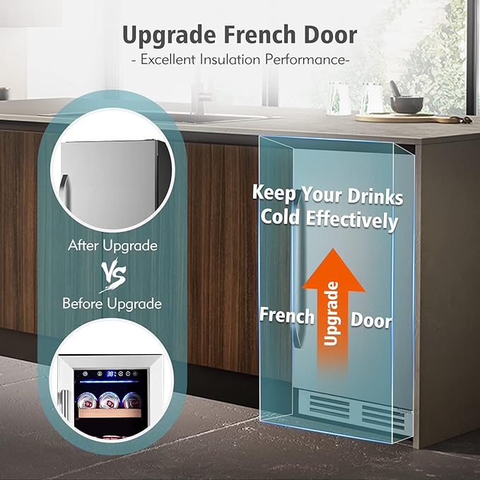 15 Inch Outdoor Beverage Refrigerator Cooler,Stainless Steel 127 Cans Beverage Fridge with French Door Under Counter Built-in or Freestanding, Perfect for Beer, Cola