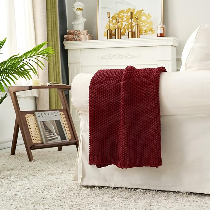 Chunky Cable Knit Throw Blanket Lightweight Wine red 100% Organic Cotton Blanket for Sofa Couch Bed Baby Nursery, Rustic Shabby Chic Modern Farmhouse, 60” x 80” Give Laundering Bag