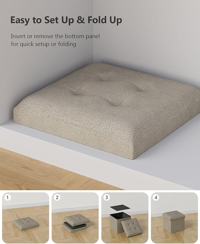 15 Inches Small Folding Storage Ottoman Cube, Storage Footrest, Foot Rest Stool, for Living Room, Bedroom, Dorm, Hallway, Entryway, Sandy Beige