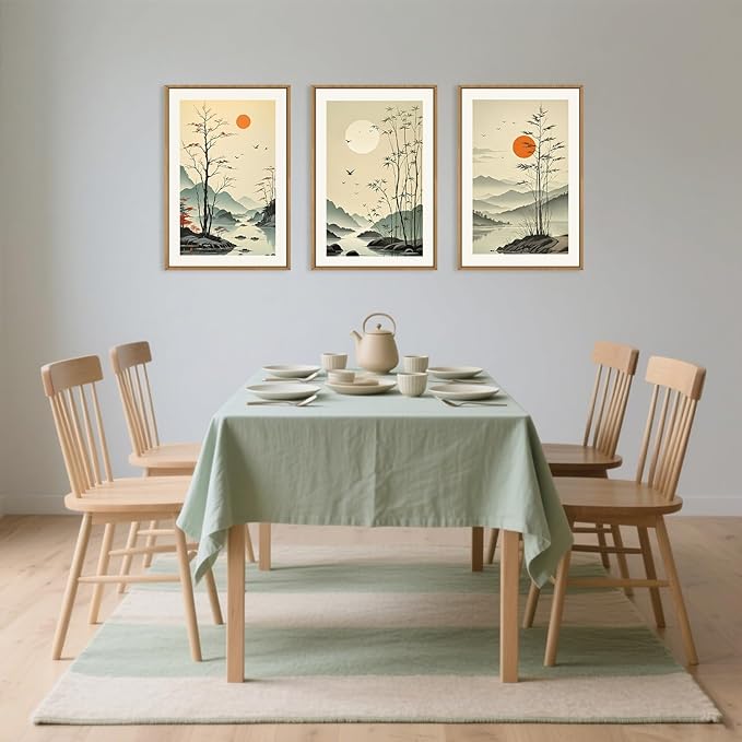 Celestdeco Chinoiserie Bamboo Forest Framed Canvas Wall Art Set, Nature Tree Lakes Wall Decor, Minimalist Zen Landscape Wall Painting, Watercolor Art Prints for Living Room, Bedroom, Office 24"X36"X3