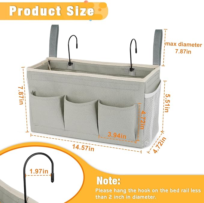 Bedside Storage Organizer with Fixed Straps and Water Bottle Holder for Home, College, Dorm, Bunk / Hospital Bed, Crib Bed Rails (Grey)