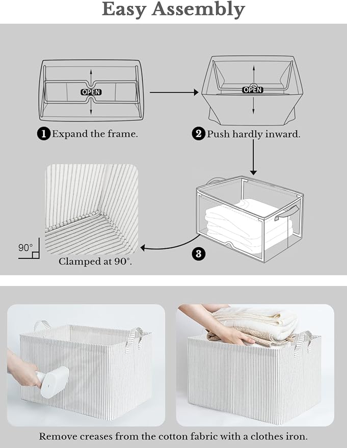 StorageWorks Storage Bins, Fabric Storage Bins for Shelves, Extra Large Storage Baskets with Metal Frame, Closet Baskets and Bins with Handles, Jumbo, Gray and White Stripes, 2-Pack
