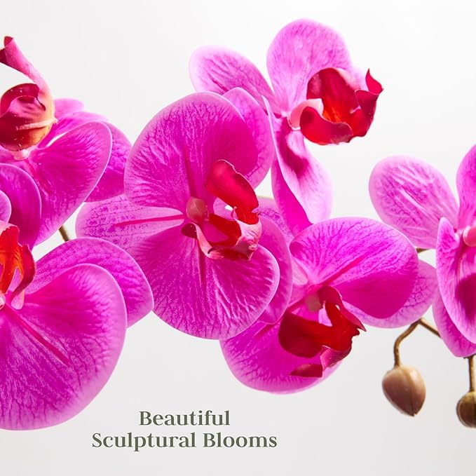 Faux Pink Orchid Plant, Premium Artificial Indoor Flower Display Stands 25-Inches with Beautiful Sculptural Blooms and Foliage That Lasts Forever, Grey Planter Pot Included