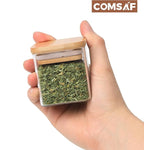 ComSaf 16Pcs Glass Spice Jars with Bamboo Lid, 4oz Airtight Square Spice Containers with 275 Black Lables, Empty Seasoning Jars for Spice Salt Sugar