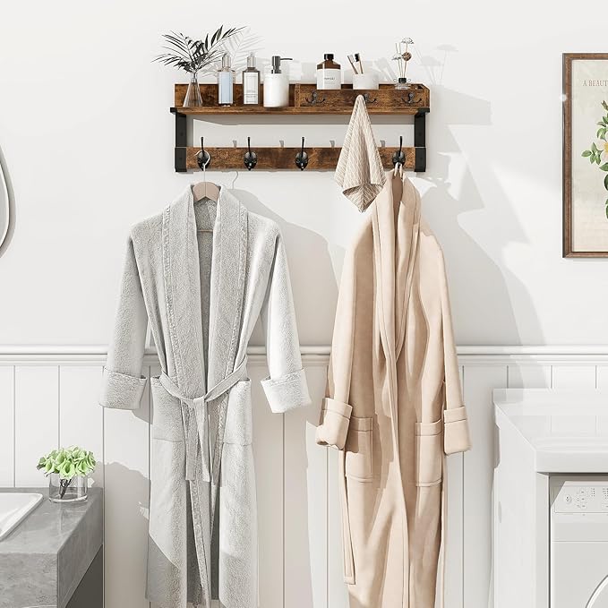 Homode Coat Rack with Shelf, Wall Shelf with Hooks, 26 Inch Long Coat Hanger Wall Mount with Key and Mail Holder, Wood Entryway Shelves for Hanging Hat Jacket Backpack Purse, Rustic Brown Black