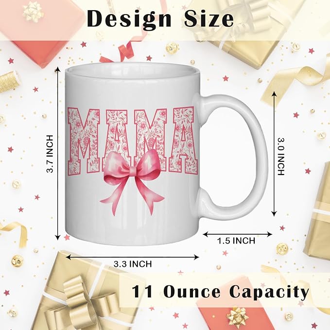 JINYO Coquette Pink Bow Floral Mama Mug, Mama Coffee Cup, Mother's Day Mugs Cups for Mom, Mom Birthday Gifts from Daughter Son, Ceramic Coffee Tea Mug 11 oz