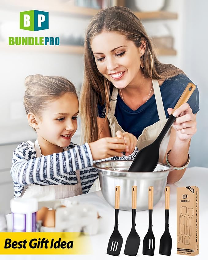 Pack of 4 Silicone Kitchen Utensils Set, Non Stick Solid Spatulas and Heat Resistant Slotted Spoons with Wooden Handle, Ideal BPA Free Cooking Utensils for Mixing,Serving,Turning,Stirring(BLACK)