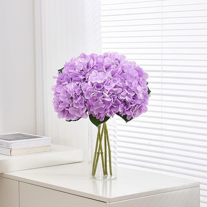8pcs Lavender Fake Flowers Silk Hydrangea Artificial Flowers Bouquets Faux Hydrangea Stems for Home Table Centerpieces Wedding Party Decoration
