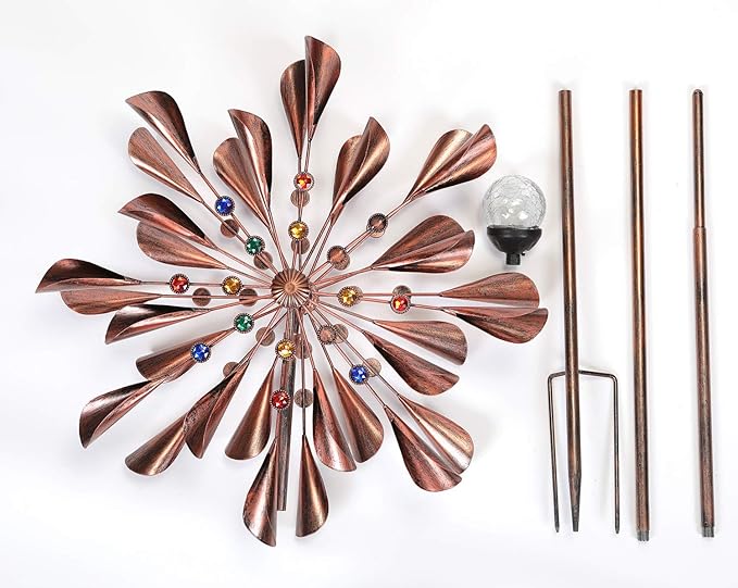 Large 79In Copper Kinetic Wind Spinner Multi-Color Seasonal LED Lighting Solar Powered Glass Ball Metal Wind Catchers Spinner for Patio Lawn & Garden Decorations