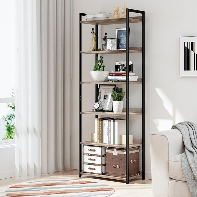 NUMENN Bookshelf, 6 Tier Bookshelves, Home Office Bookcase Shelf Storage Organizer, Free Standing Storage Shelving Unit for Bedroom, Living Room and Home Office, Grey