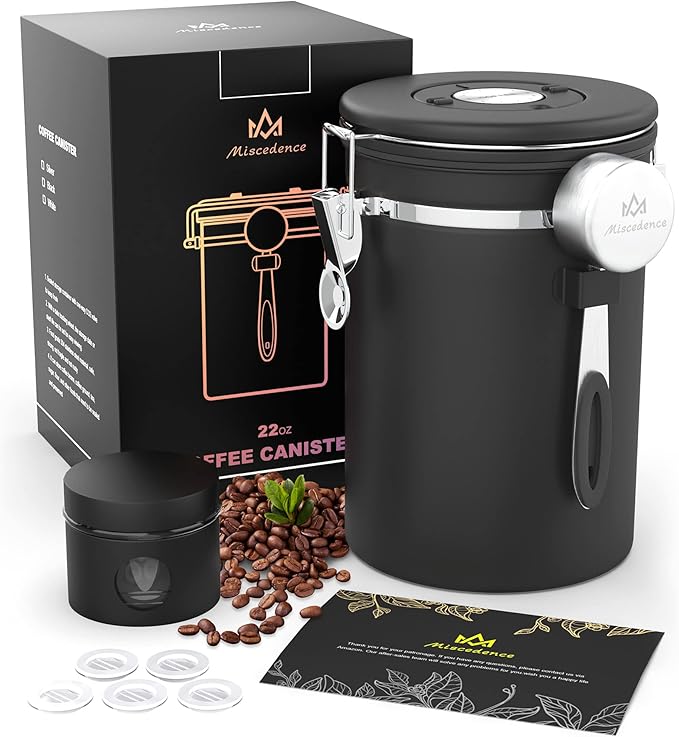Coffee canister set for ground coffee with Date Tracker Travel Coffee jar,Stainless Steel Kitchen Food Airtight storage container for Coffee Beans or Grounds,Tea,Sugar (22oz-Black)
