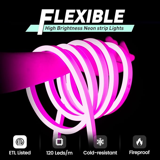 GZBtech Flexible LED Neon Rope Lights 50FT,AC 110-120V Waterproof Strip Light, 120 LEDs/M Cuttable Connectable Neon Lighting for Indoor Outdoor Home Decor/Commercial Building Use-Pink 15M