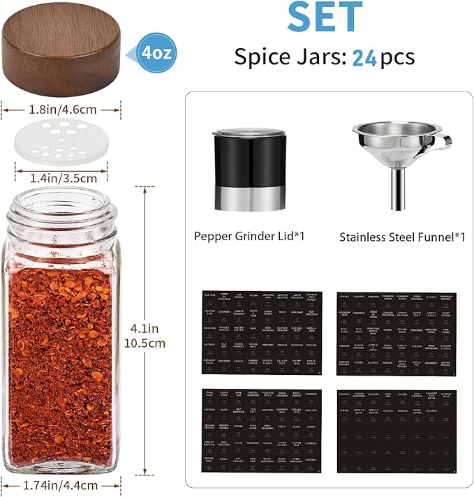 Yangbaga 24Pcs Glass Spice Jars with Labels-4OZ Wood Lid Square Spice Containers with Pepper Grinder Lids &Funnel,Seasoning Jars for Rack Cabinet Drawer