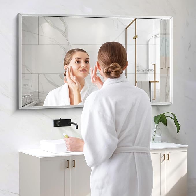 Silver Bathroom Mirror for Wall, 30x48 Inch Rectangle Mirrors with Metal Frame, Modern Vanity Wall Mirror Decor for Bathroom Living Room, Entryway Hangs Horizontal or Vertical