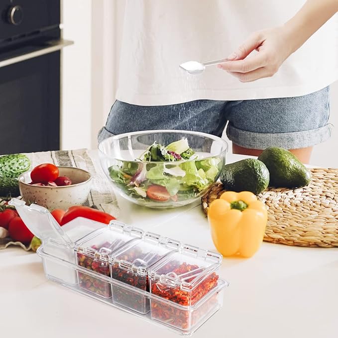 Clear Seasoning Box 4 PCS/Set, Acrylic Seasoning Rack Seasoning Storage Container Condiment Jar Spice Box Spice Jar Spice Pot Spice Rack with Spoon & Lid & Tray for Salt Pepper Sugar (#A)