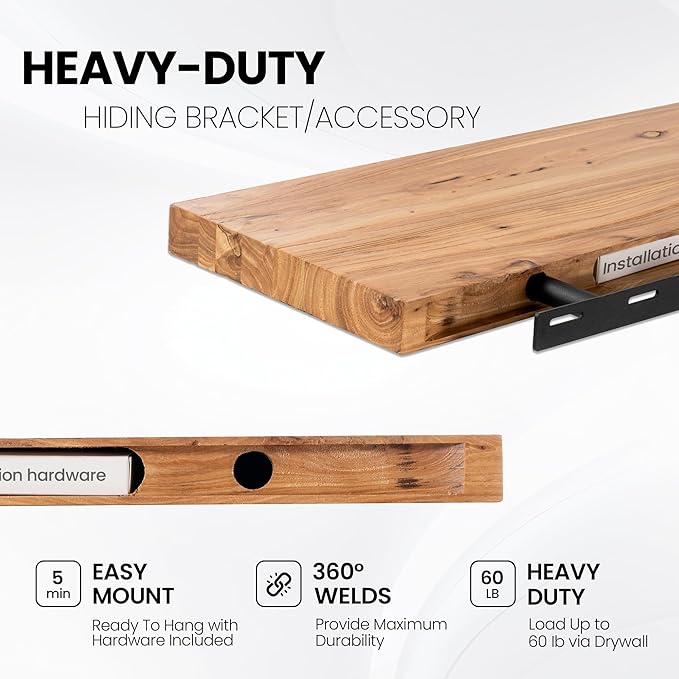 Floating Shelves for Wall, 42" Live Edge Solid Elm Wood Floating Shelf, Wall-Mounted Display Shelves with Invisible Heavy-Duty Metal Bracket, Floating Shelf for Living Room Kitchen, Natural