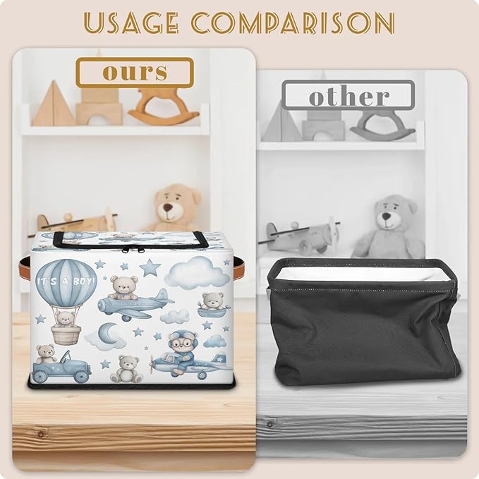 Rectangular Storage Baskets for Shelves - Waterproof Foldable Laundry Basket, Nursery Hamper, Reusable Toy Bin for Organizing Toys, Books, Clothes, Closet 14"x10.2" x10.4" (Little Bear)