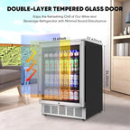 24" Beverage Refrigerator & Cooler, 180 Cans Under Counter Fridge with Lock, Glass Door & Powerful Cooling Compressor - Quiet, Built-in/Freestanding Drink Fridge