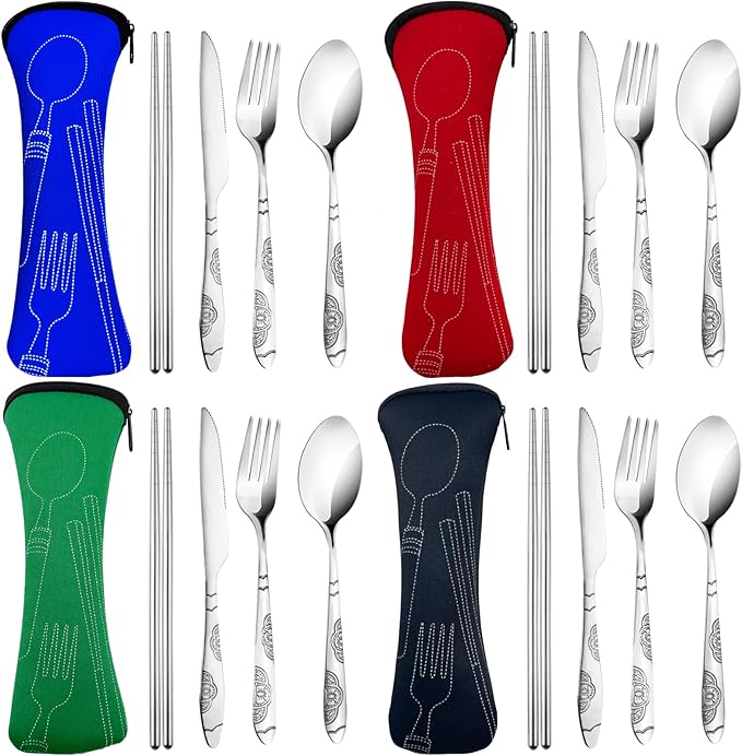 20PCS Premium Travel Utensils With Case, Stainless Steel Reusable Portable Utensils Set With Case, Lengnoyp Travel Silverware Set With Case for Lunch Box Camping, Silver