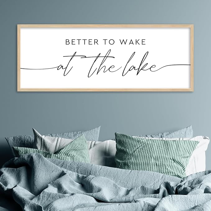 SRSZHIYUE Better To Wake At The Lake Wall Decor Above Bed Sign 40"×15" for Lake House Bedroom Over Bed Large Wood Framed Wall Hanging Art (Wood)