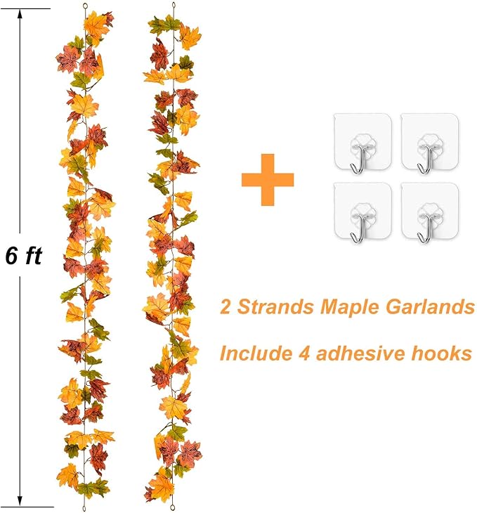 Lvydec 2 Pack Maple Leaves Fall Garland Clearance - 6ft/Strand Artificial Fall Foliage Garland Colorful Autumn Decoration for Home Wedding Party Thanksgiving