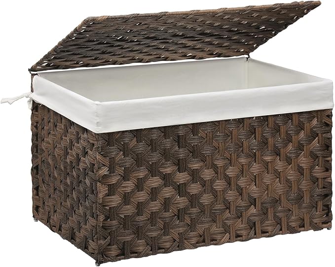 Wicker Storage Basket with Lid, 17.2 Gallon (65L) Small Blanket Basket with Lid, Woven Storage Bin with Handles, Removable Liner, Metal Frame, Foldable, for Bedroom, Laundry Room, Brown