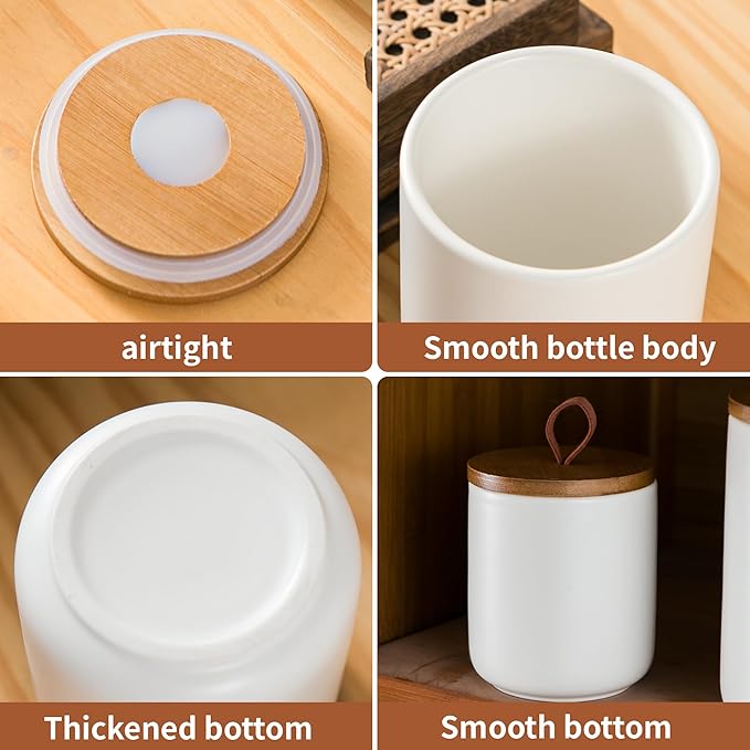 Ceramic Canister Set for Kitchen, 3pcs White Ceramic Kitchen Canisters for Countertop with Airtight Wood Lids, Large Flour and Sugar Containers for Coffee, Tea, Spice