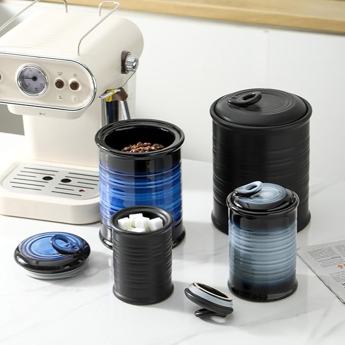 Nihow Food Storage Jar Sets: Ceramic Container with Air Tight Lid for Flour/Sugar/Rice/Coffee/Cookies/Candy - Seal Damp-proof Canister for The Kitchen Counter - Set of 4 （Matte Black）